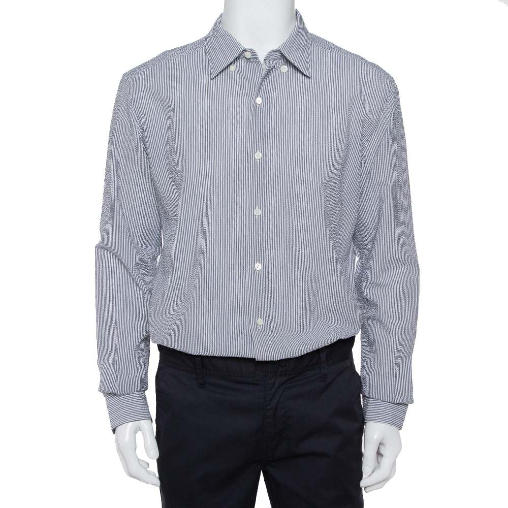 Ermenegildo Zegna White & Grey Crinkled Cotton Button Front Shirt XL