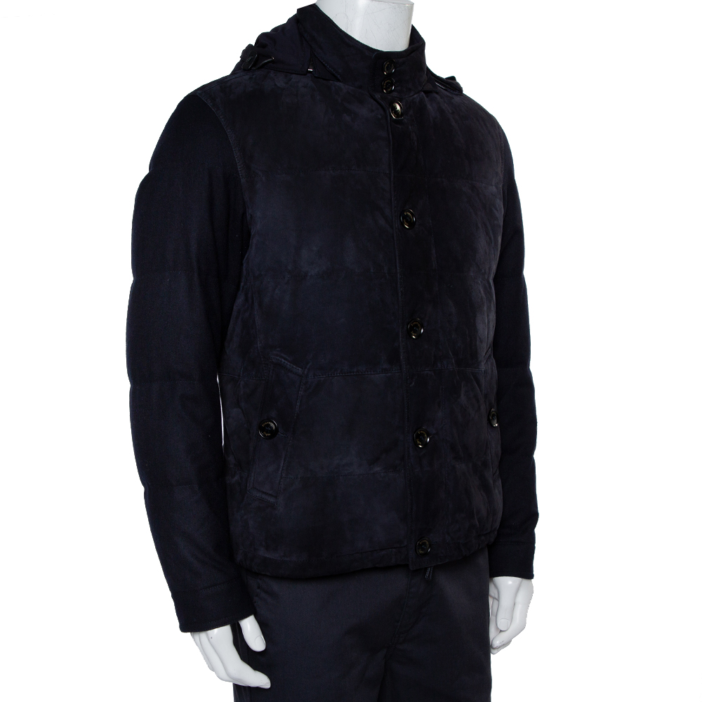 

Ermenegildo Zegna Midnight Blue Suede & Cashmere Quilted Hooded Jacket, Navy blue