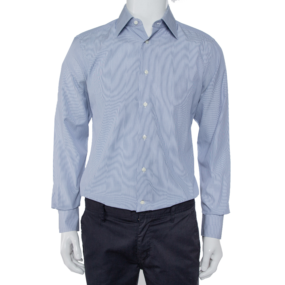 Ermenegildo Zegna Blue Striped Cotton Button Front Slim Fit Shirt M