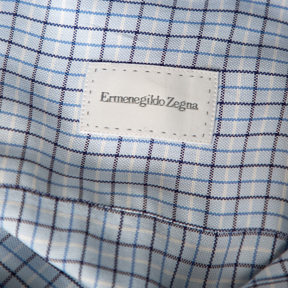 Ermenegildo Zegna Light Blue Check Cotton Button Front Regular Fit Shirt M