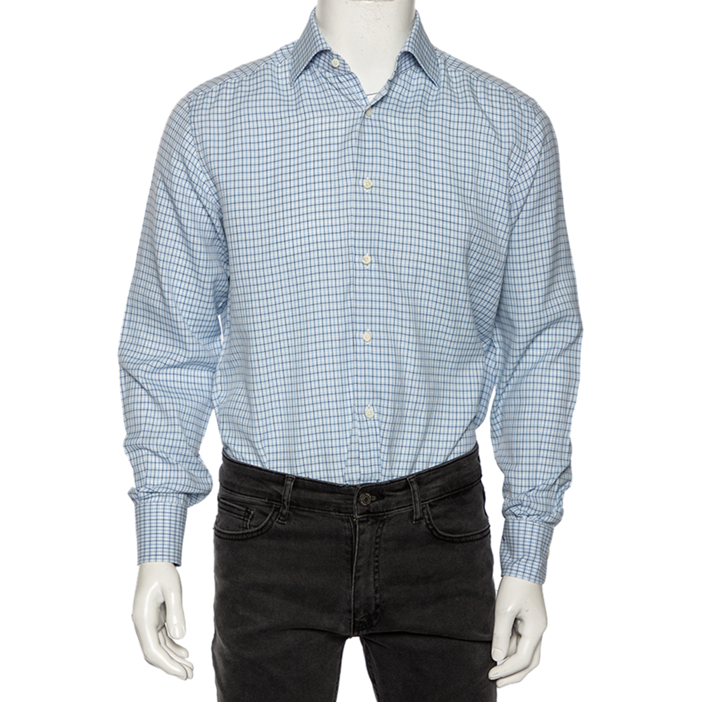 Ermenegildo Zegna Light Blue Check Cotton Button Front Regular Fit Shirt M