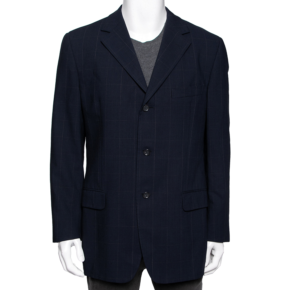 Ermenegildo zegna navy blue checked wool single breasted blazer xl