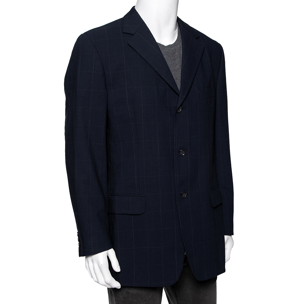 Ermenegildo Zegna Navy Blue Checked Wool Single Breasted Blazer XL