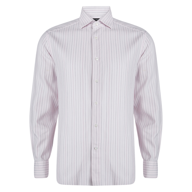 Image of Ermenegildo Zegna Pink Cotton Striped Long Sleeve Button Front Shirt XXL