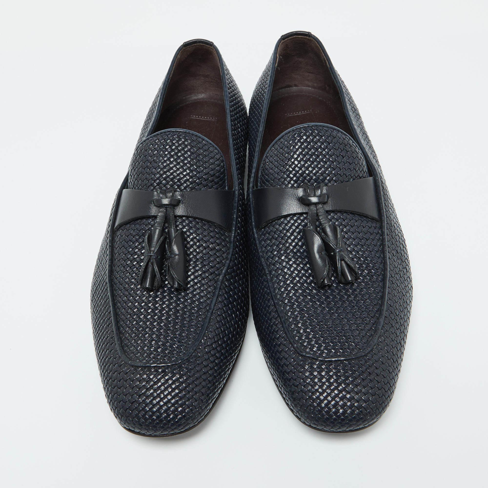 Ermenegildo Zegna Dark Blue Woven Leather Lido Tassel Loafers Size 40