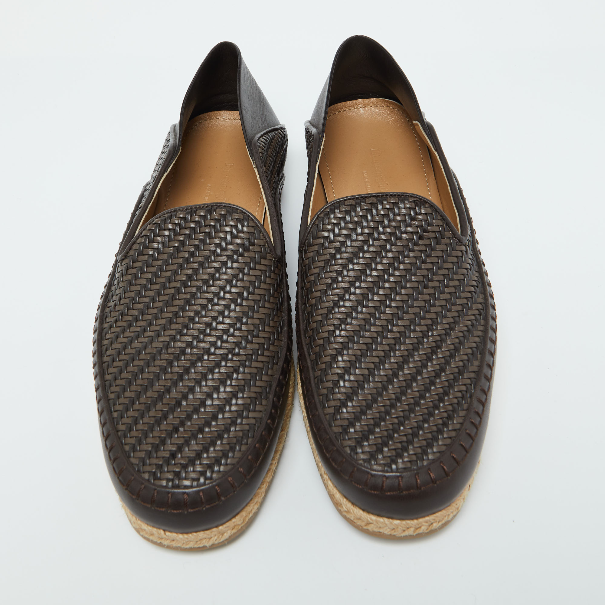 Ermenegildo Zegna Dark Brown Leather Pelle Tessuta Espadrilles Loafers Size 39