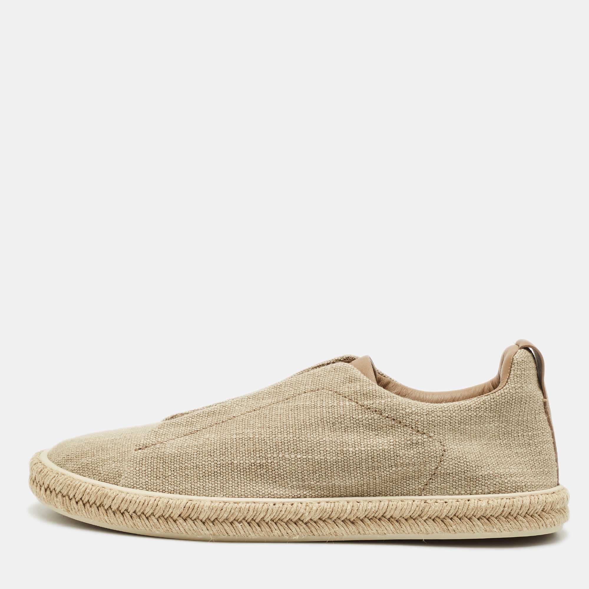 Ermenegildo Zegna Beige Canvas and Leather Triple Stitch Slip On Sneakers Size 45.5
Ermenegildo Zegna Beige Canvas and Leather Triple Stitch Slip On Sneakers Size 45.5