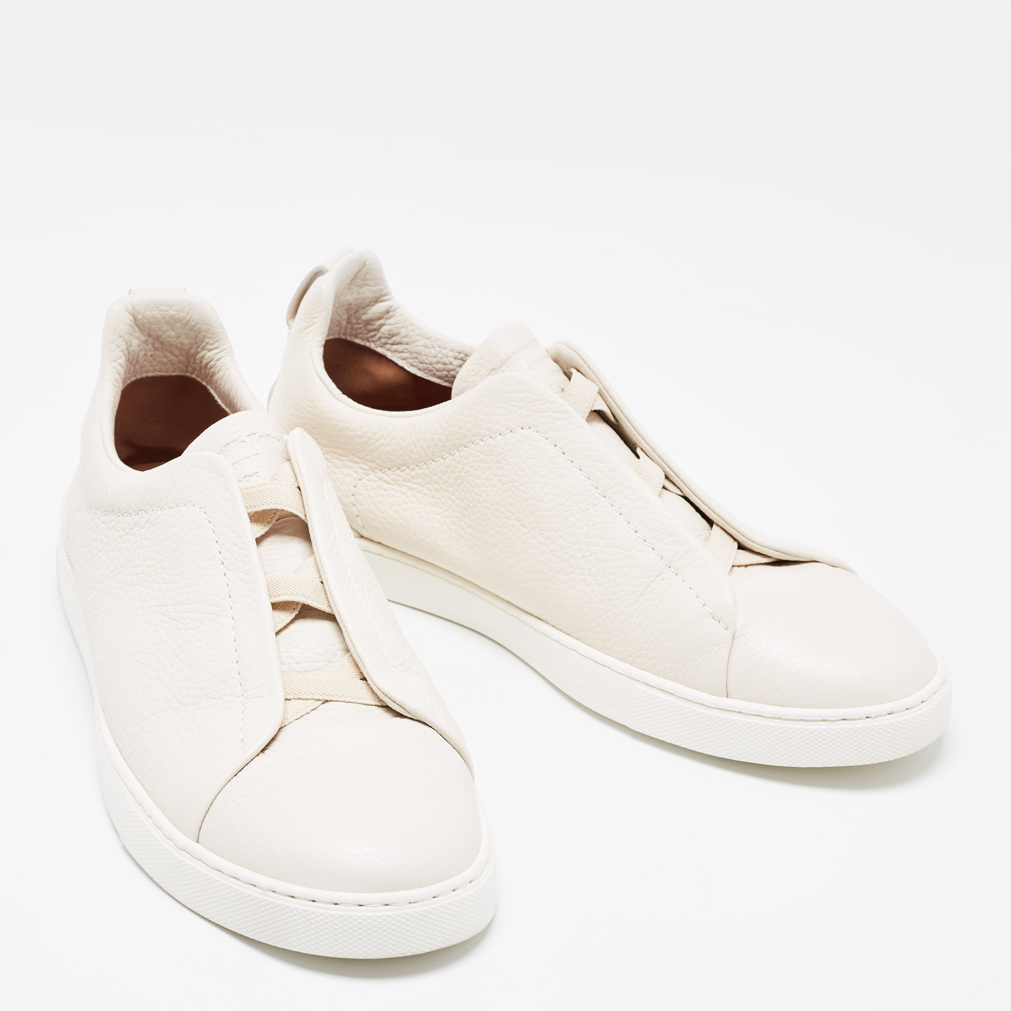 Ermenegildo Zegna Cream Leather Triple Stitch Low Top Sneakers  Size 44