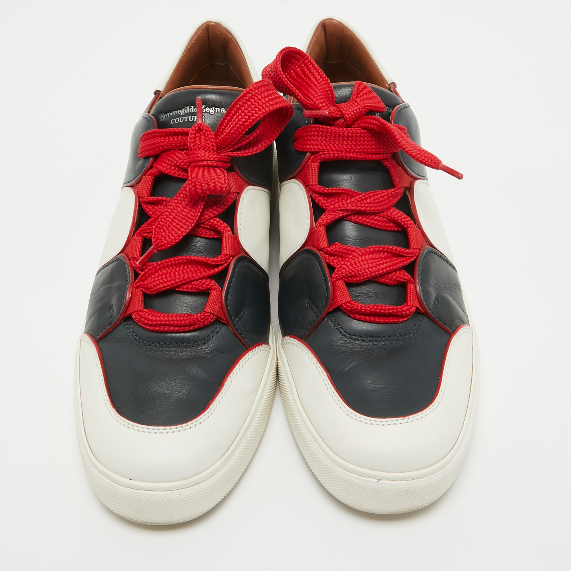Ermenegildo Zegna Navy Blue/White Leather Low Top Sneakers Size 44