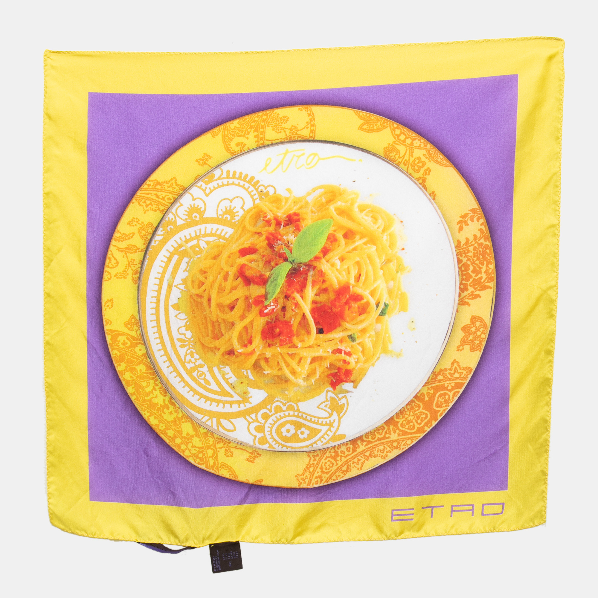 Etro Yellow Spaghetti Print Silk Satin Pocket Square