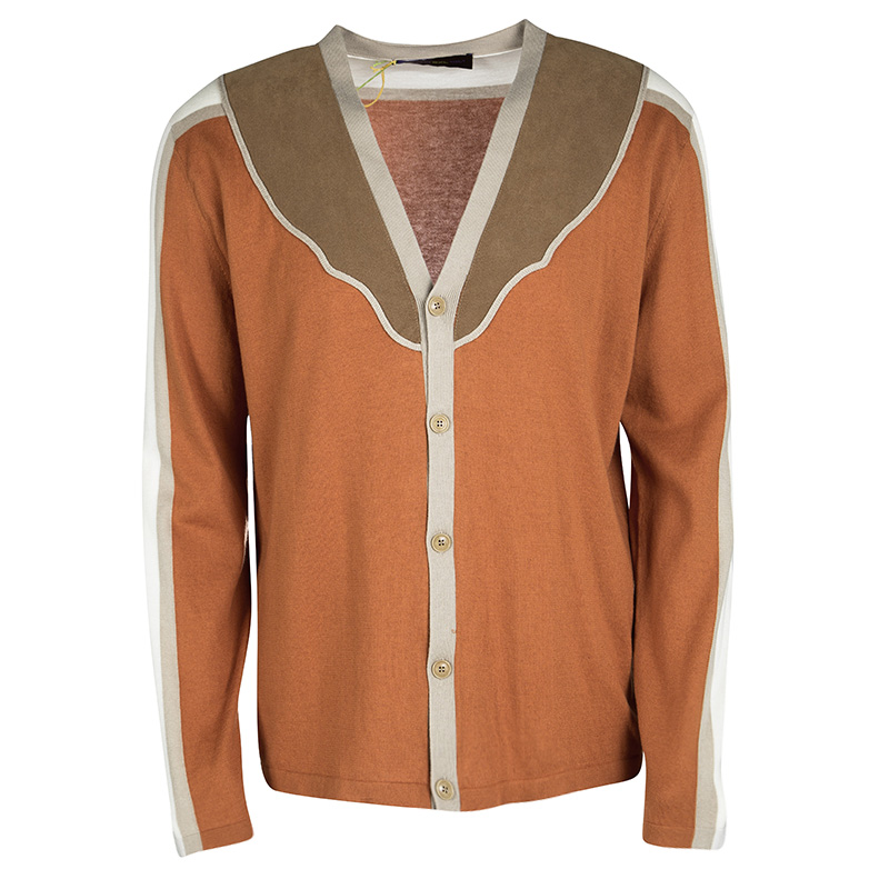 Image of Etro Colorblock Faux Suede Panel Detail Button Front Cardigan XL