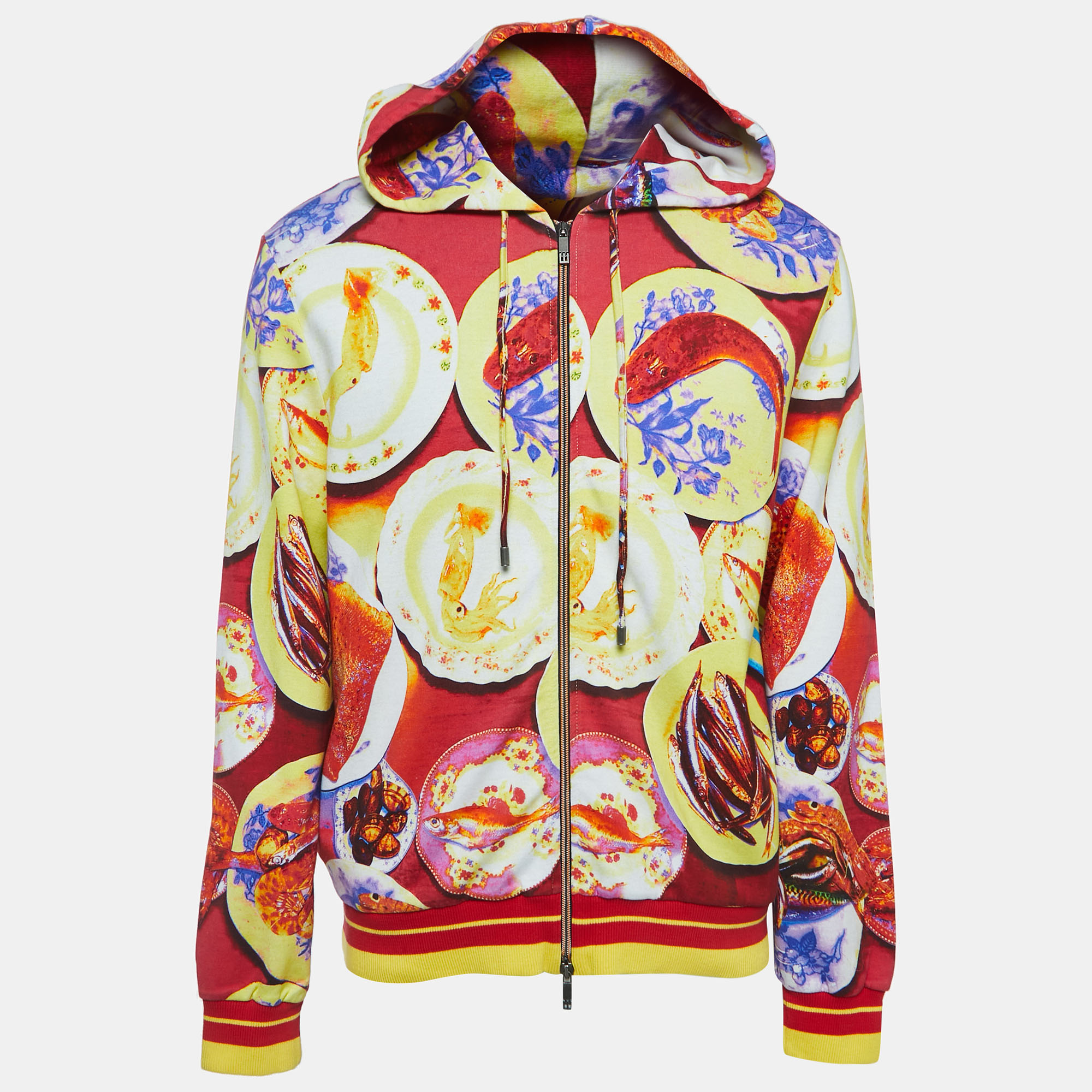 Etro Multicolor Seafood Print Jersey Zip Front Hooded Jacket XL