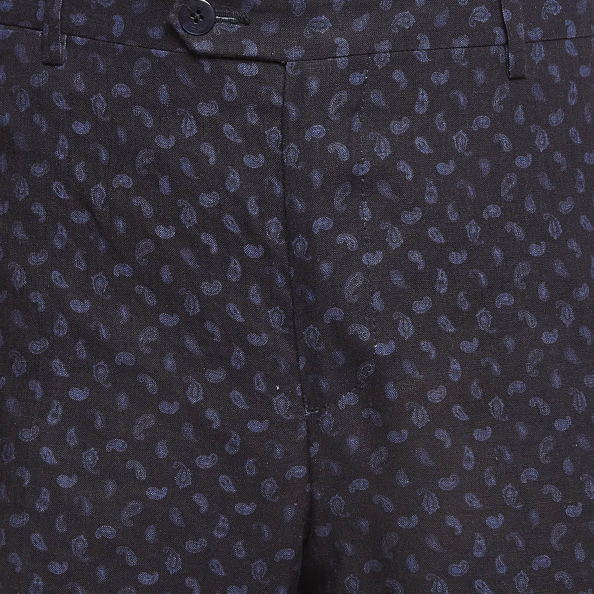 Etro Navy Blue Paisley Printed Linen Trousers XXL