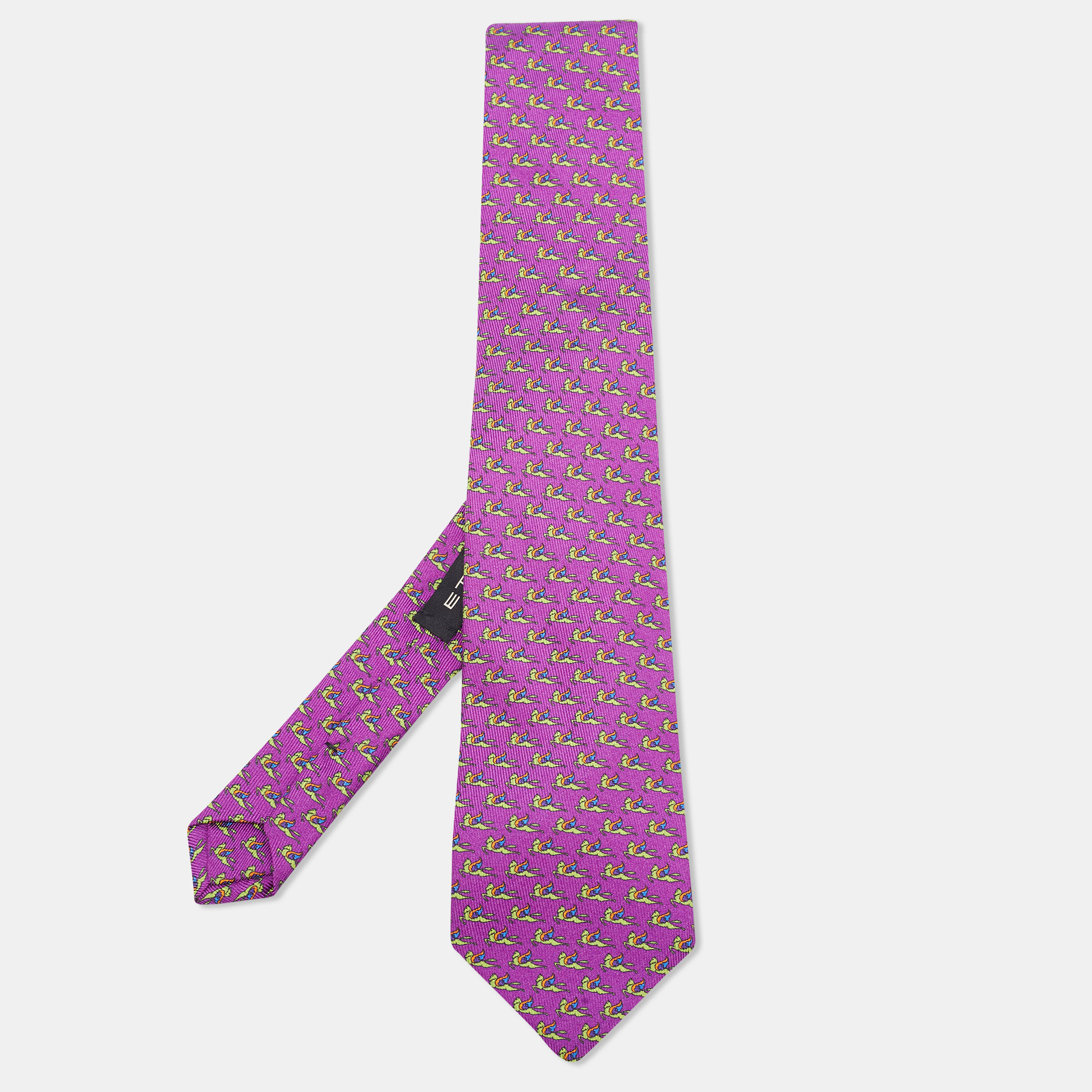 Etro Purple Logo Print Silk Tie