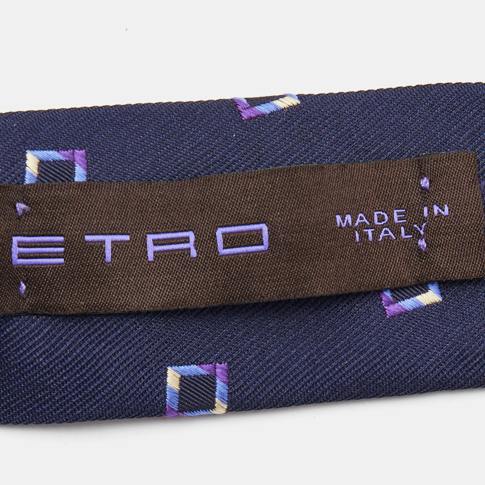 Etro Navy Blue Square Patterned Silk Jacquard Tie