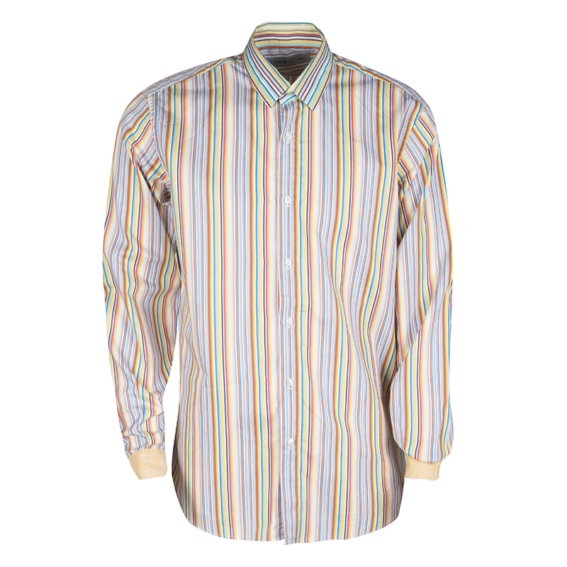 Etro Multicolor Striped Cotton Contrast Cuff Detail Long Sleeve Shirt L