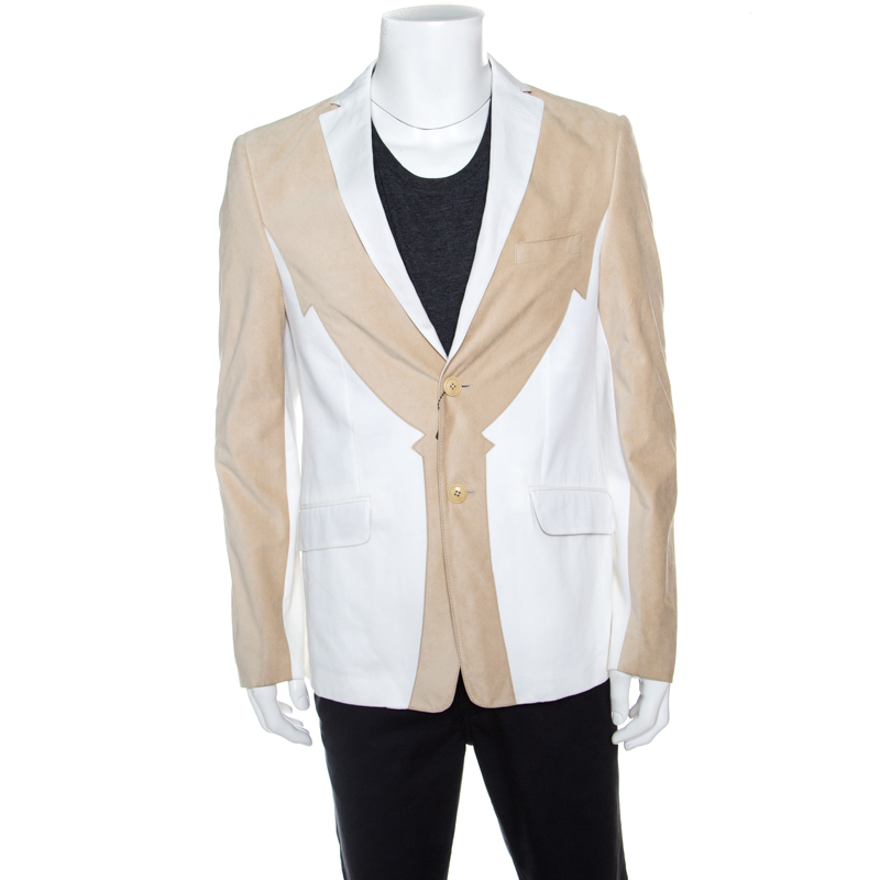 Image of Etro Beige and White Faux Suede Patch Detail Two Button Blazer XL