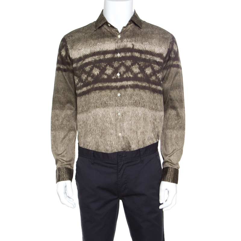 Image of Etro Brown Cotton Digital Rope Printed Button Down Shirt L