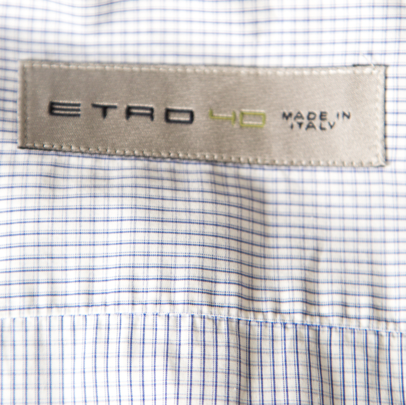 Etro White And Blue Checked Cotton Long Sleeve Button Front Shirt M