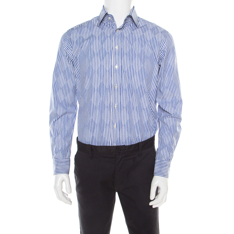 Image of Etro Blue and White Striped Argyle Pattern Cotton Jacquard Long Sleeve Shirt M