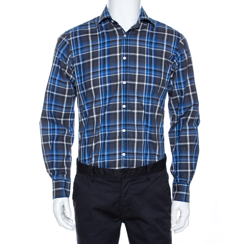 Image of Etro Blue Checked Cotton Button Front Long Sleeve Shirt M