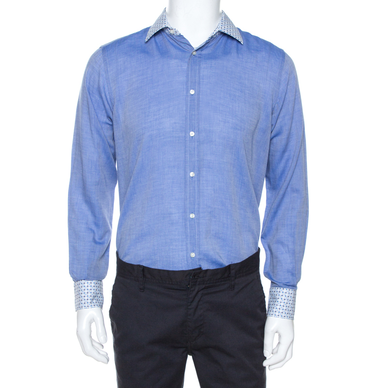 Image of Etro Blue Chambray Cotton Printed Collar Long Sleeve Shirt M