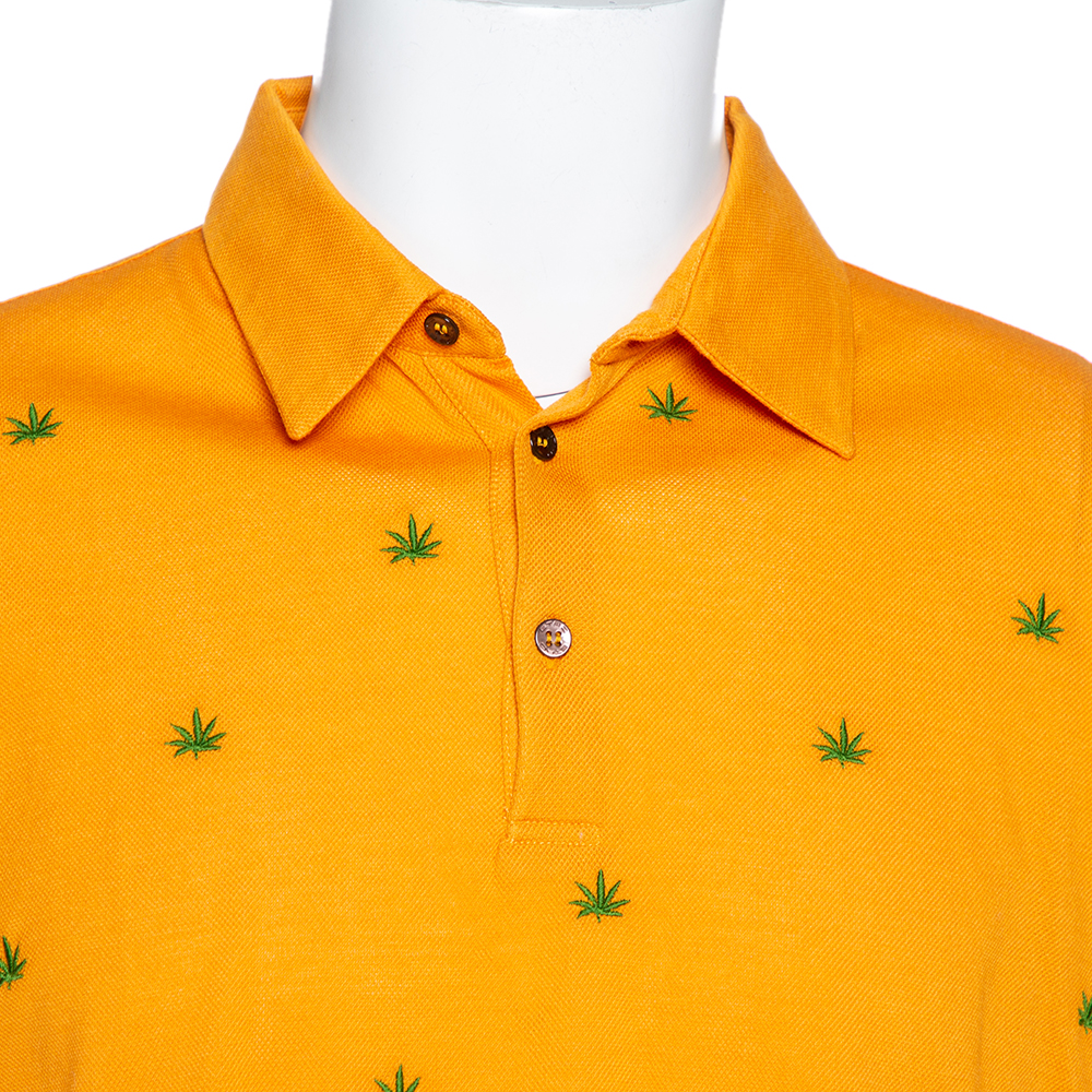 Etro Honey Orange Leaf Embroidered Cotton Polo T-Shirt XL