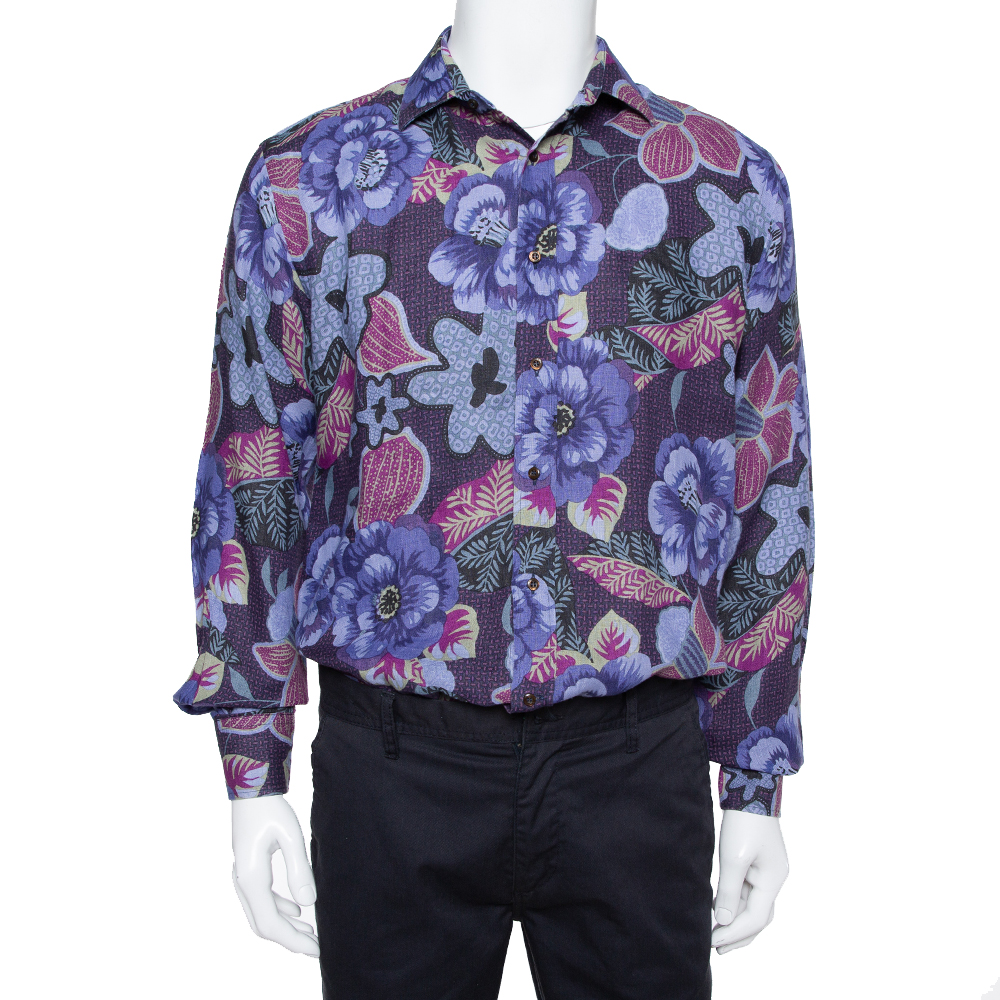 Etro Blue Floral Printed Linen Button Front Shirt XXL