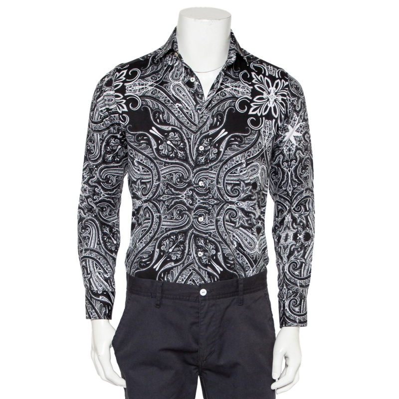 Etro Monochrome Paisley Printed Cotton Button Front Shirt S