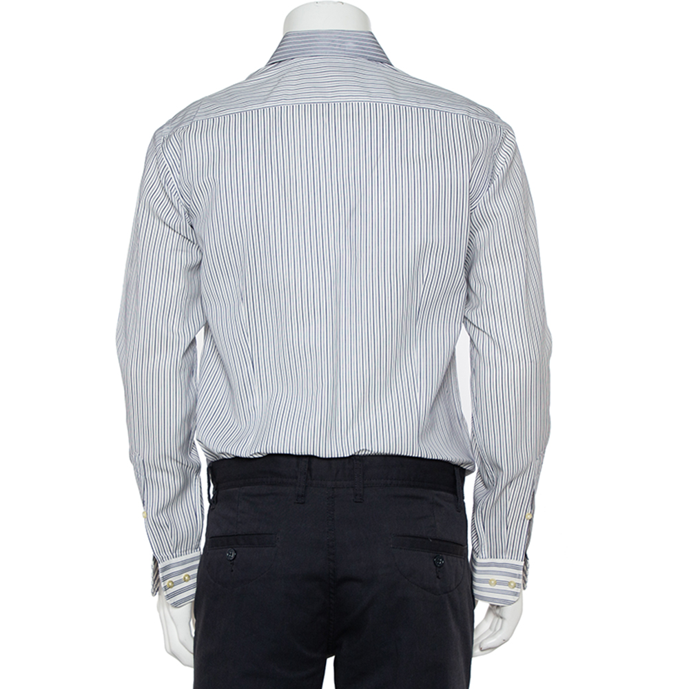 Etro White & Navy Blue Striped Cotton Button Front Slim Fit Shirt M