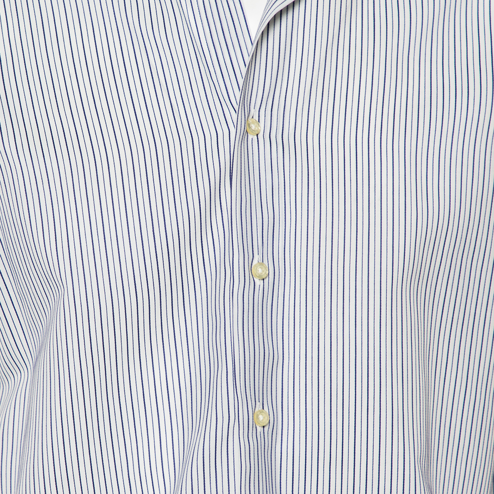 Etro White & Navy Blue Striped Cotton Button Front Slim Fit Shirt M