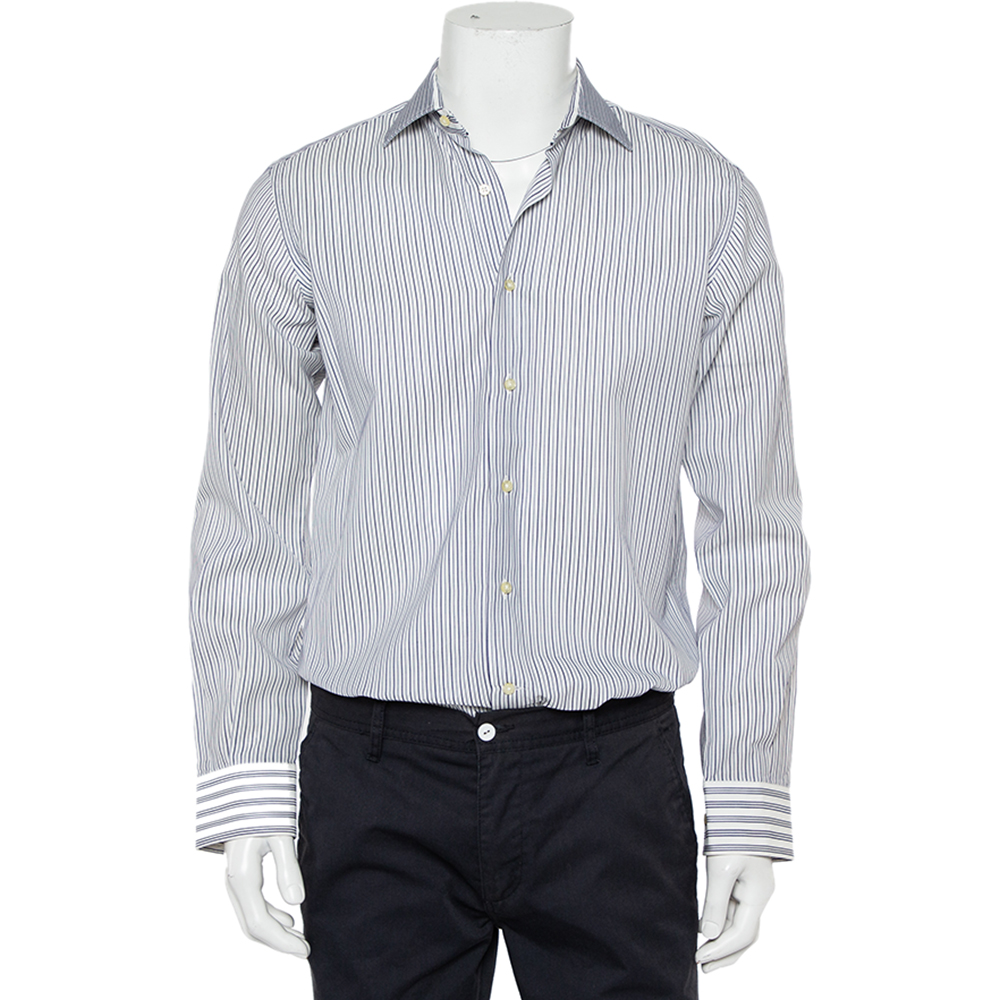 Etro White & Navy Blue Striped Cotton Button Front Slim Fit Shirt M