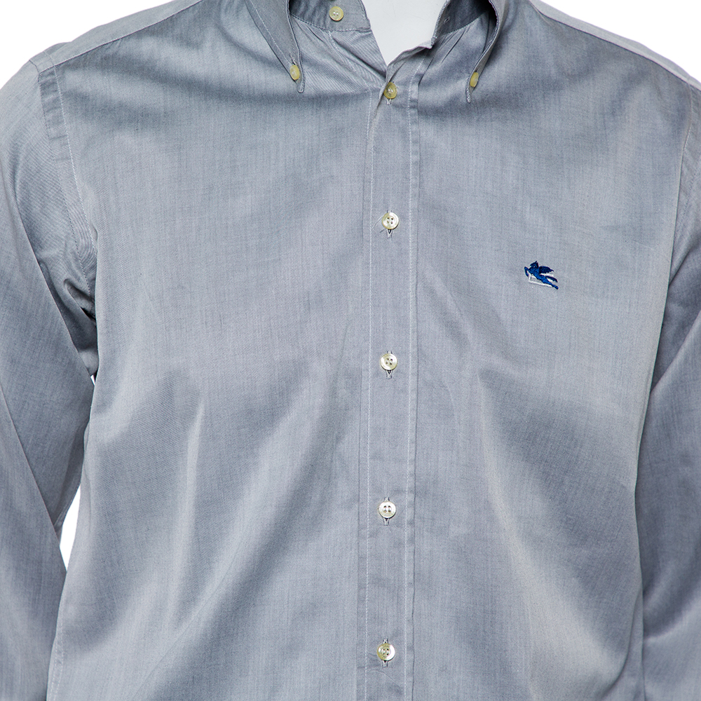 Etro Grey Cotton Logo Embroidered Button Front Shirt M