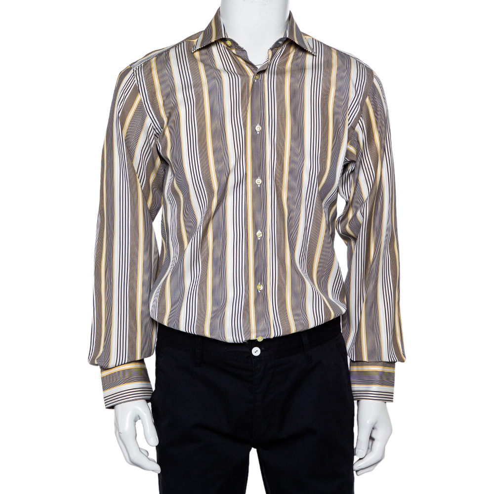 Etro Yellow & Navy Blue Striped Cotton Button Front Shirt S