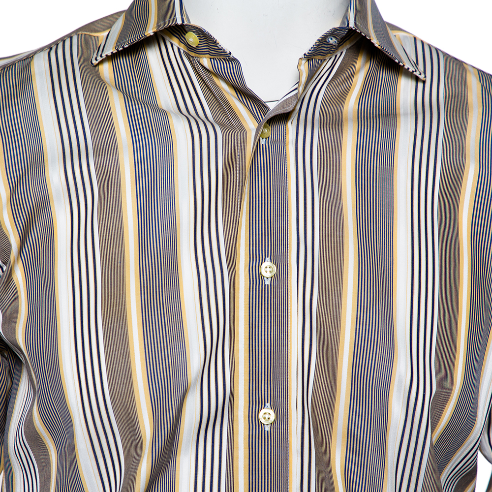Etro Yellow & Navy Blue Striped Cotton Button Front Shirt S