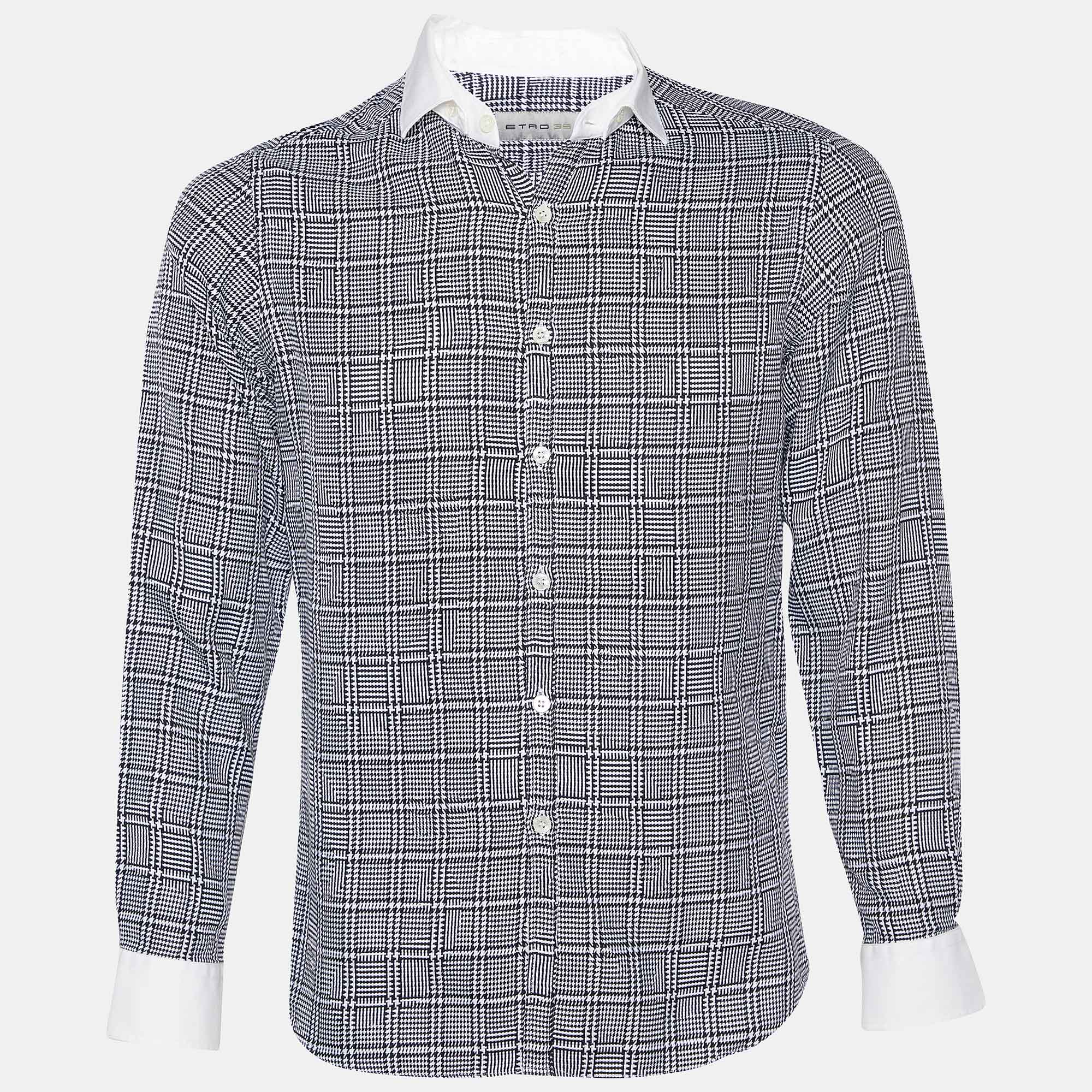 

Etro Monochrome Checkered Jacquard Cotton Button Front Shirt, Black