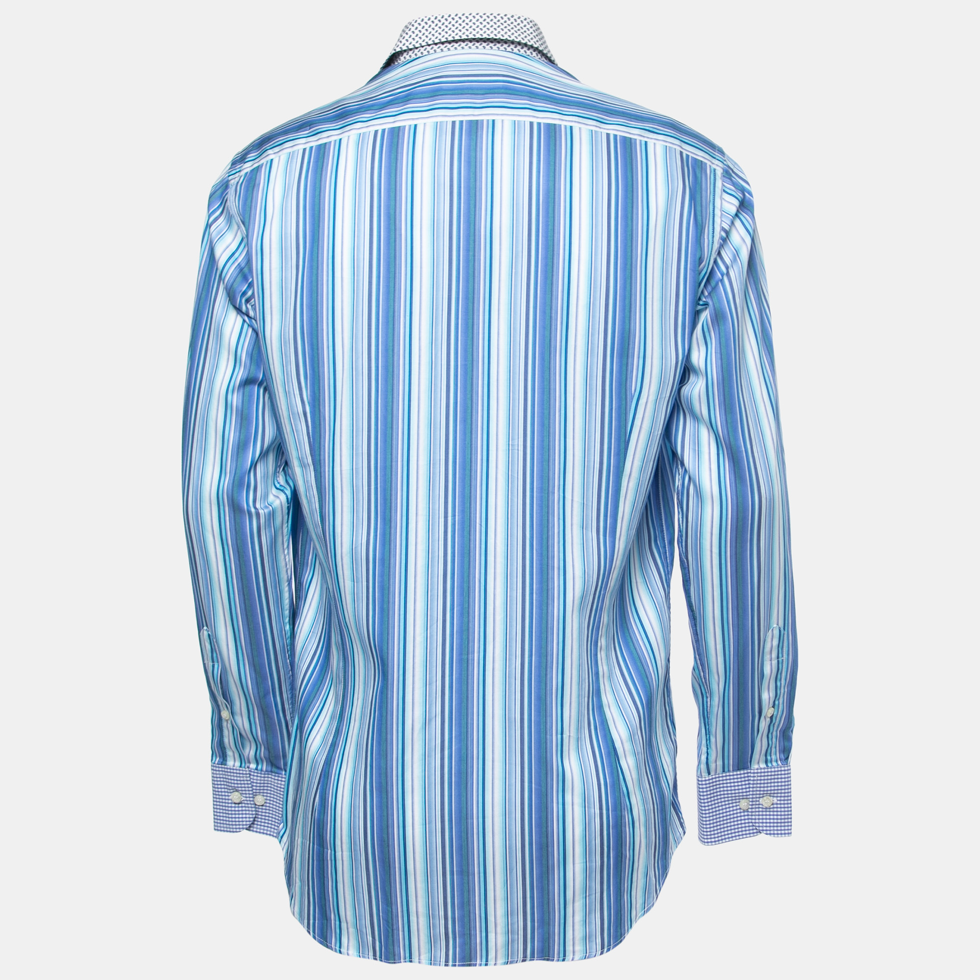 Etro Blue Striped Cotton Contrast Collar & Cuff Full Sleeve Shirt L