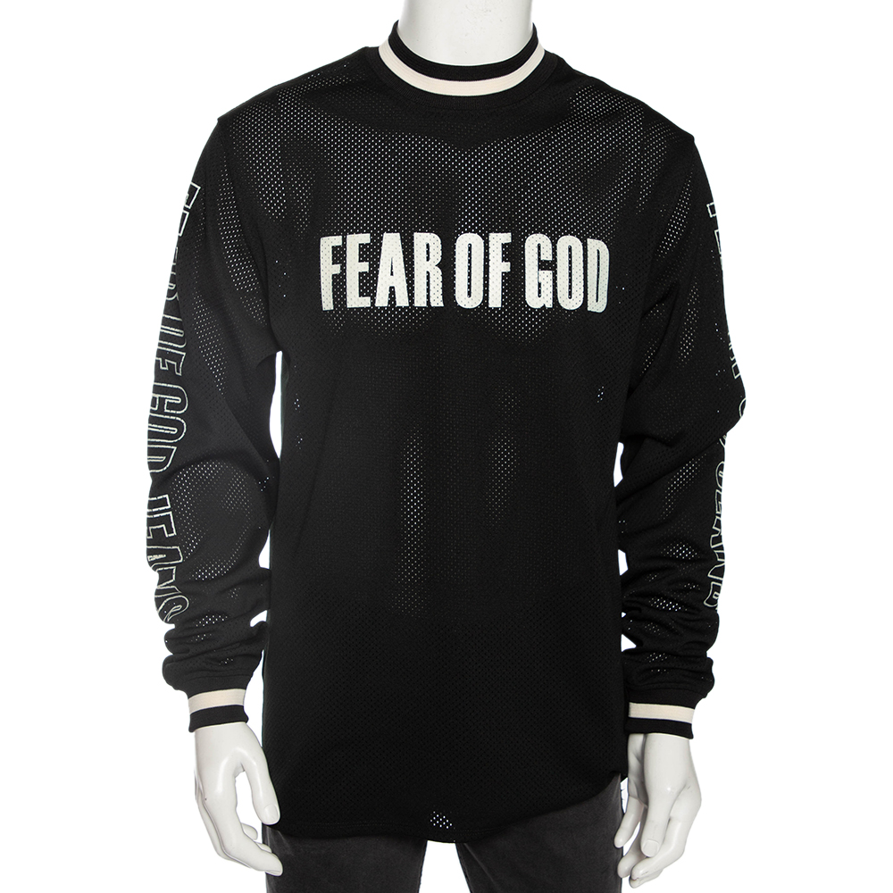 

Fear of God Black Synthetic Logo Print Long Sleeved Mesh-Jersey T-Shirt