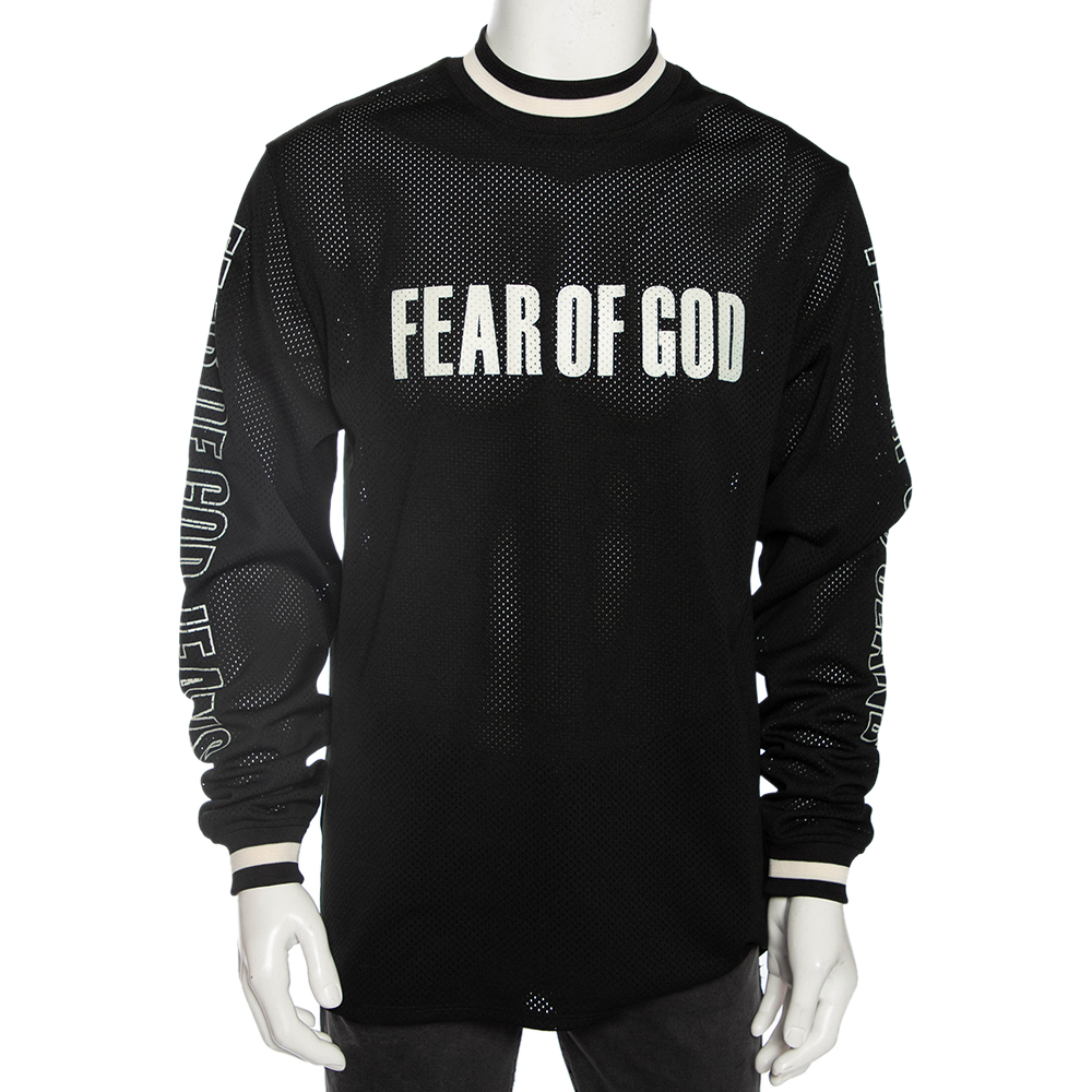 Fear of god black synthetic logo print long sleeved mesh-jersey t-shirt s