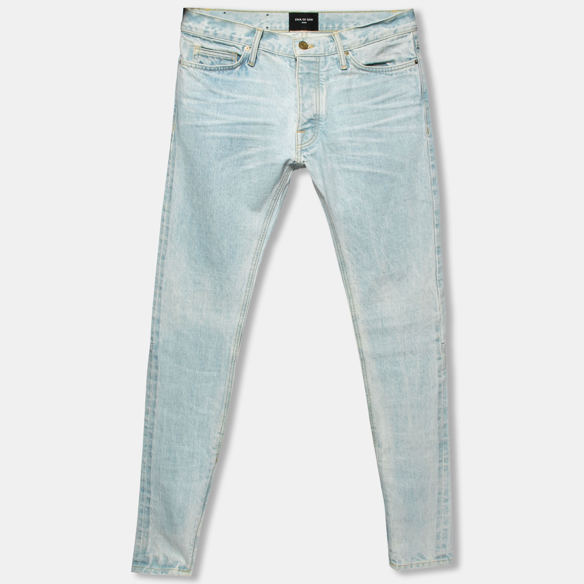 Fear of god blue distressed denim zipped hem slim fit jeans m