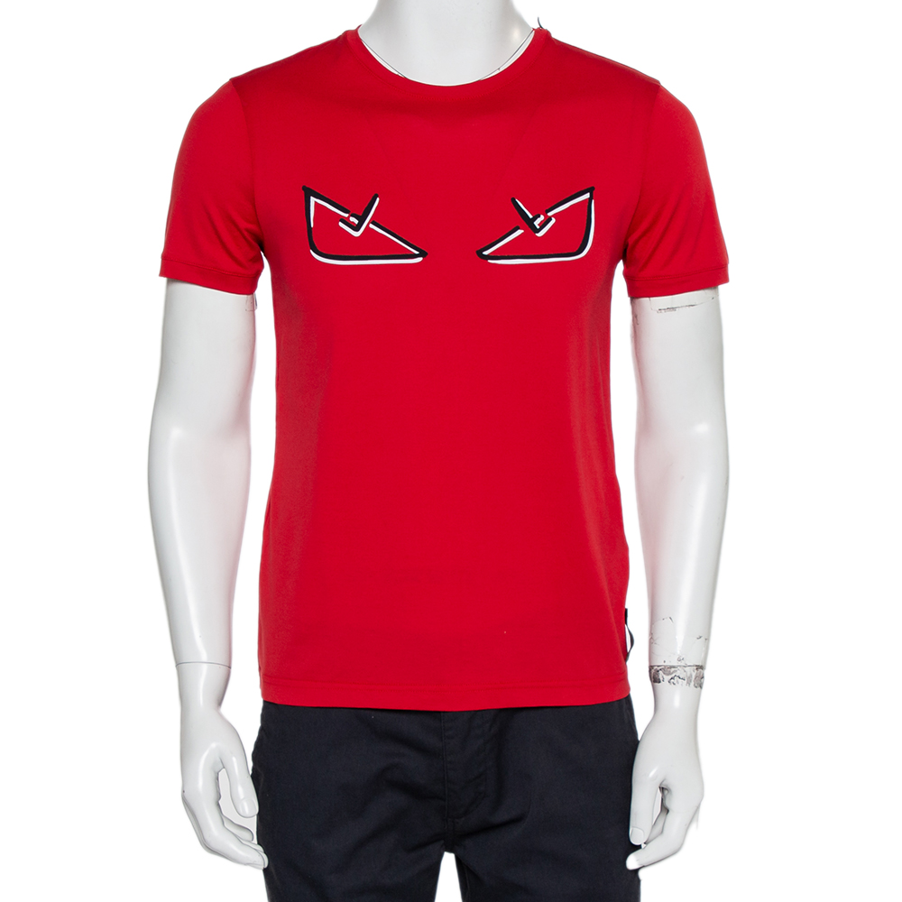 Fendi Red Cotton Laser Cut Monster Eyes Crewneck T-shirt S