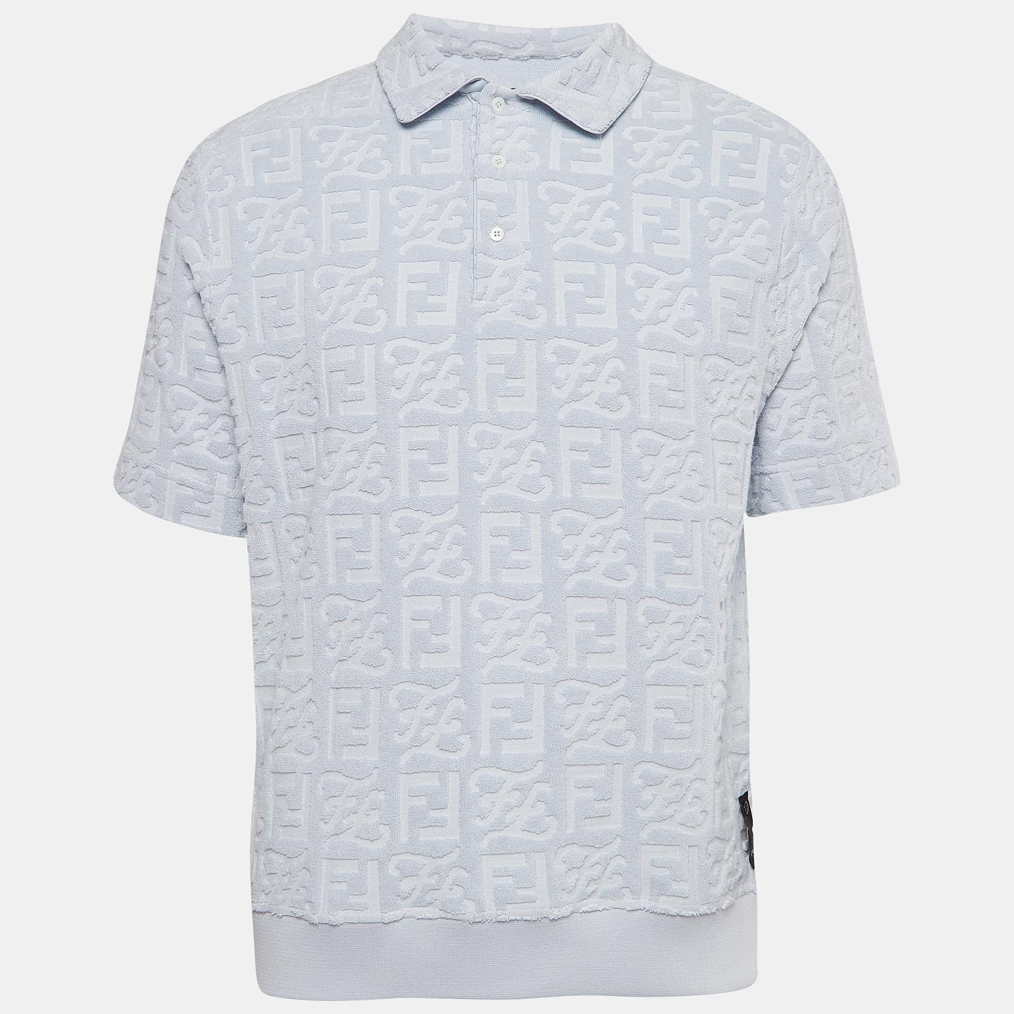 Fendi blue logo embossed cotton knit polo t-shirt s