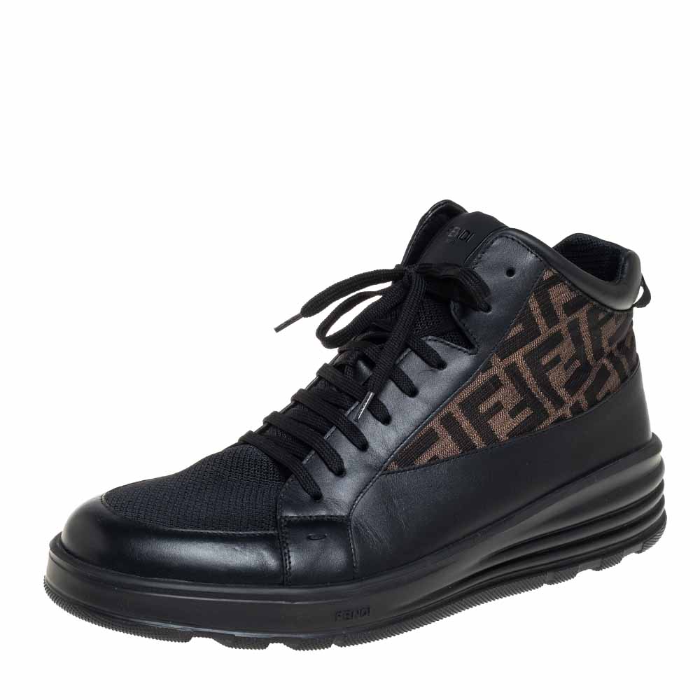 Fendi Black/Brown Mesh And Zucca Canvas High Top Sneakers Size 45