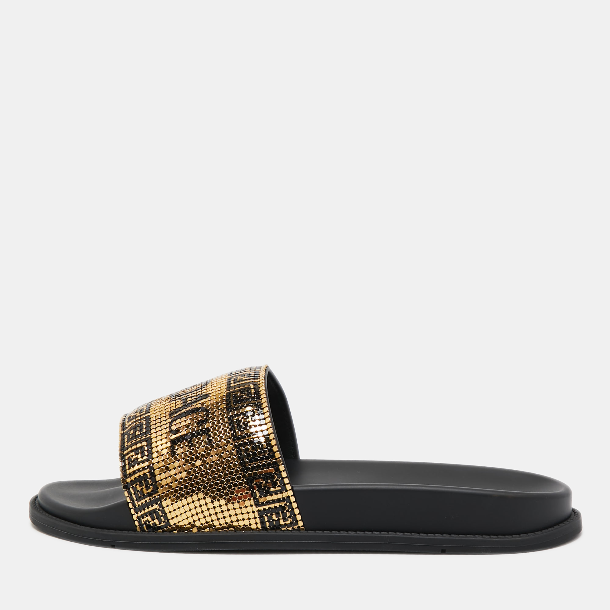 Fendi X Versace Gold Metal And Rubber Flat Slides Size 43