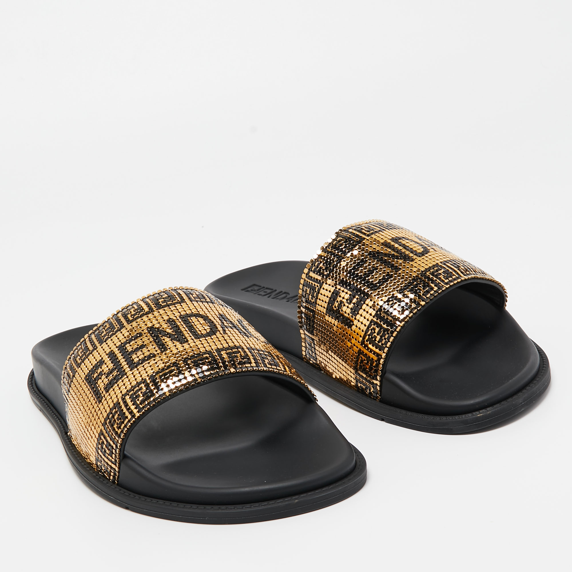 Fendi X Versace Gold Metal And Rubber Flat Slides Size 43