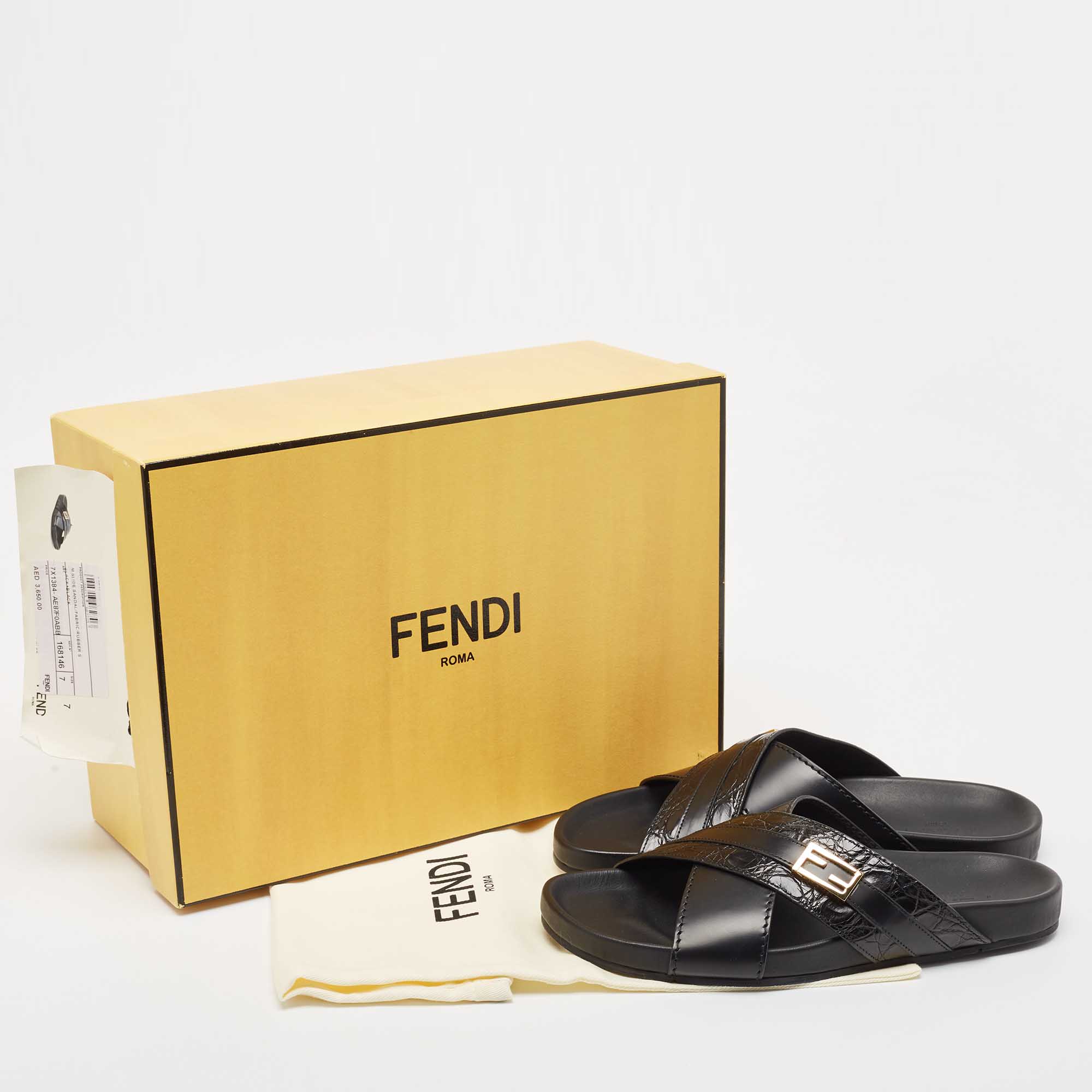 Fendi Black Crocodile And Leather Flat Slides Size 41