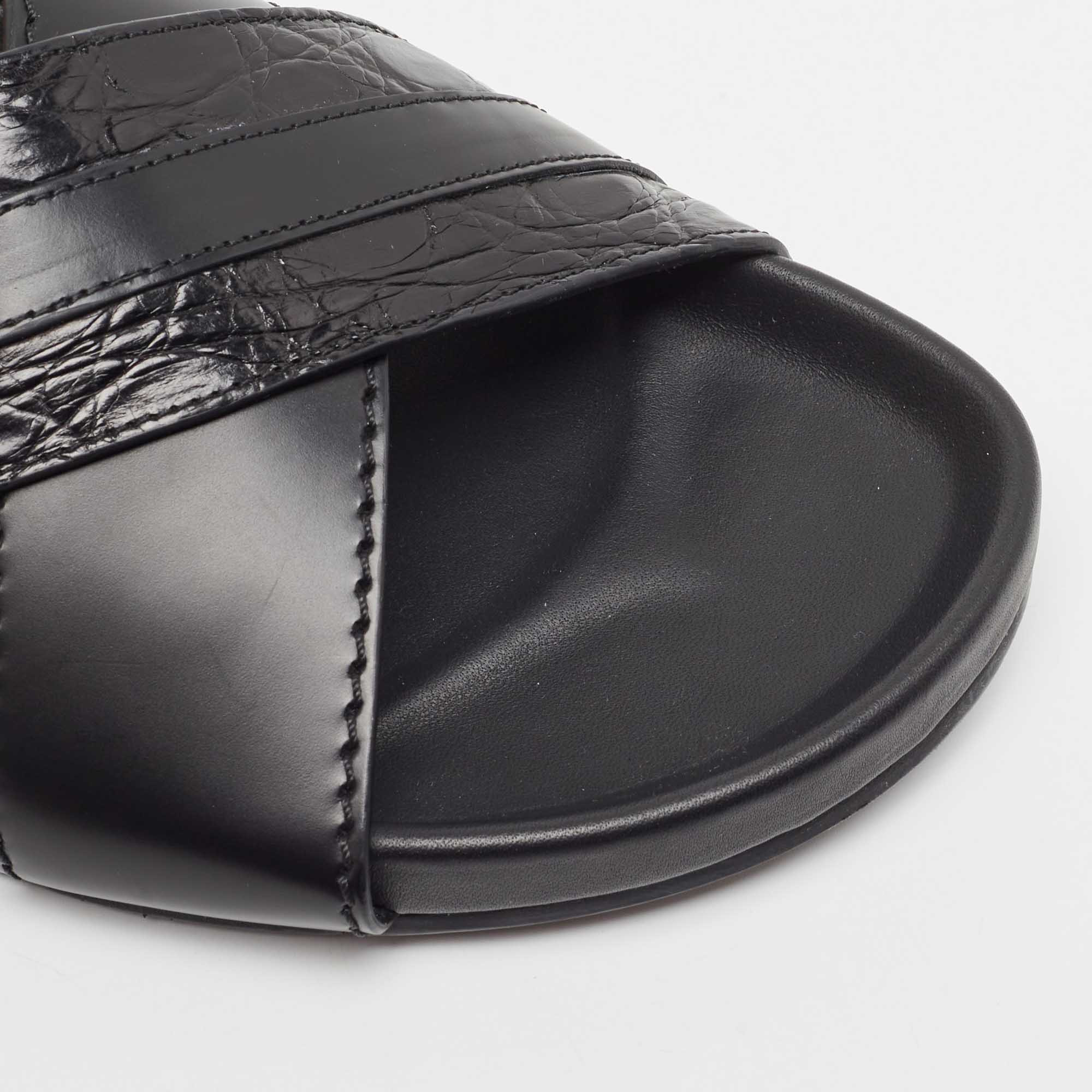 Fendi Black Crocodile And Leather Flat Slides Size 41
