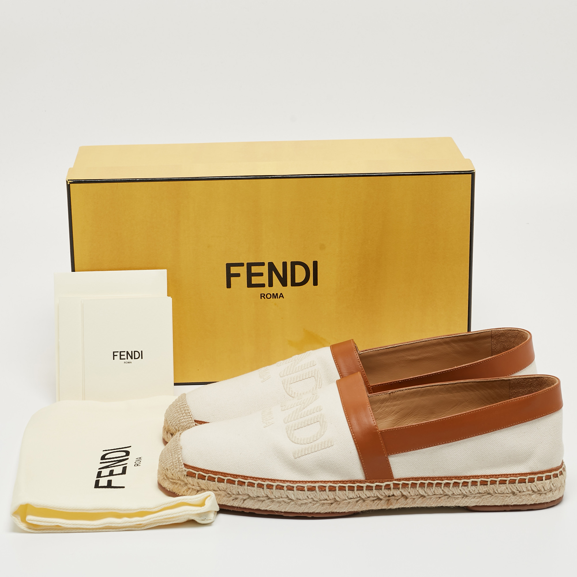 Fendi Brown/Cream Canvas And Leather Slip On Loafers Size 43