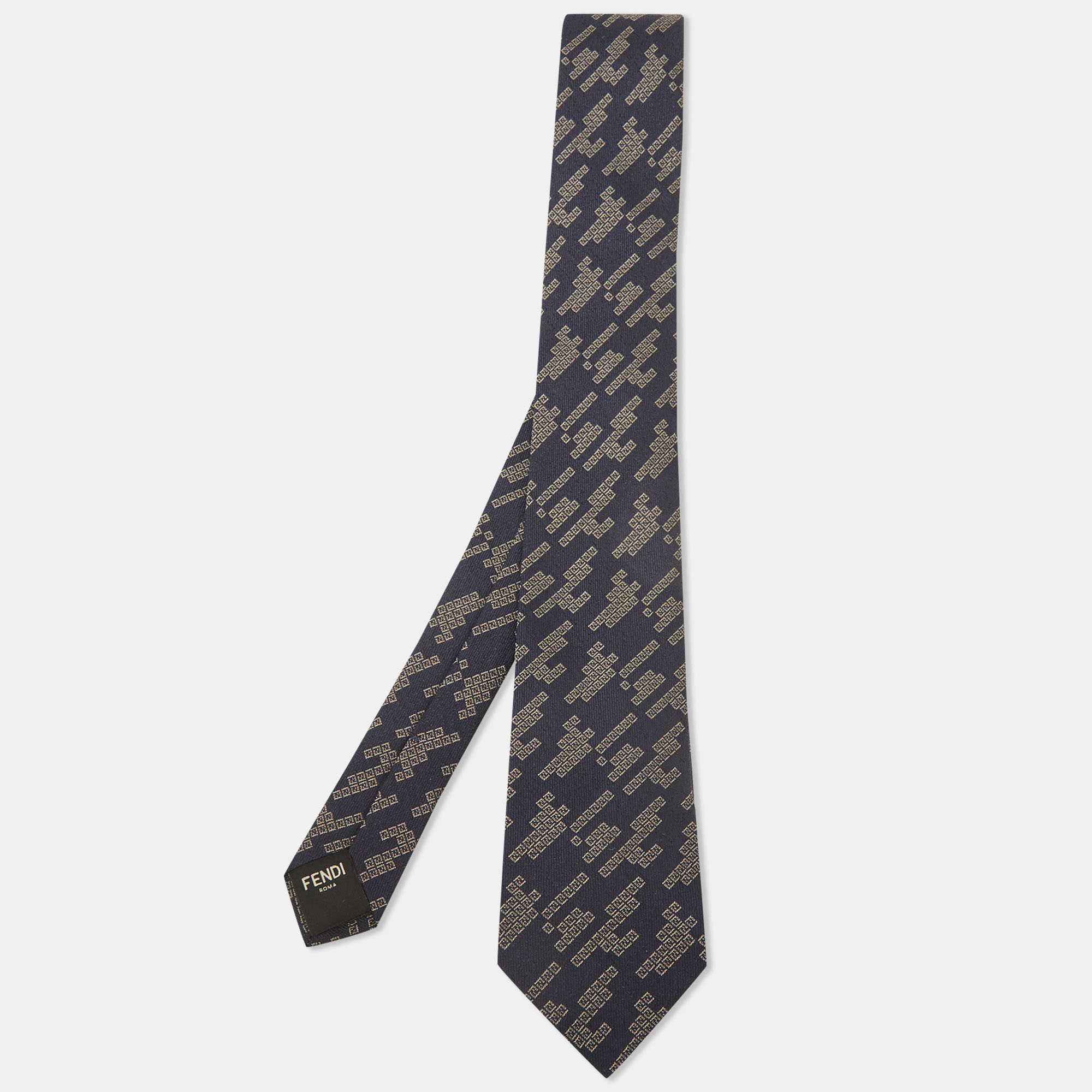 Fendi navy blue patterned silk skinny tie