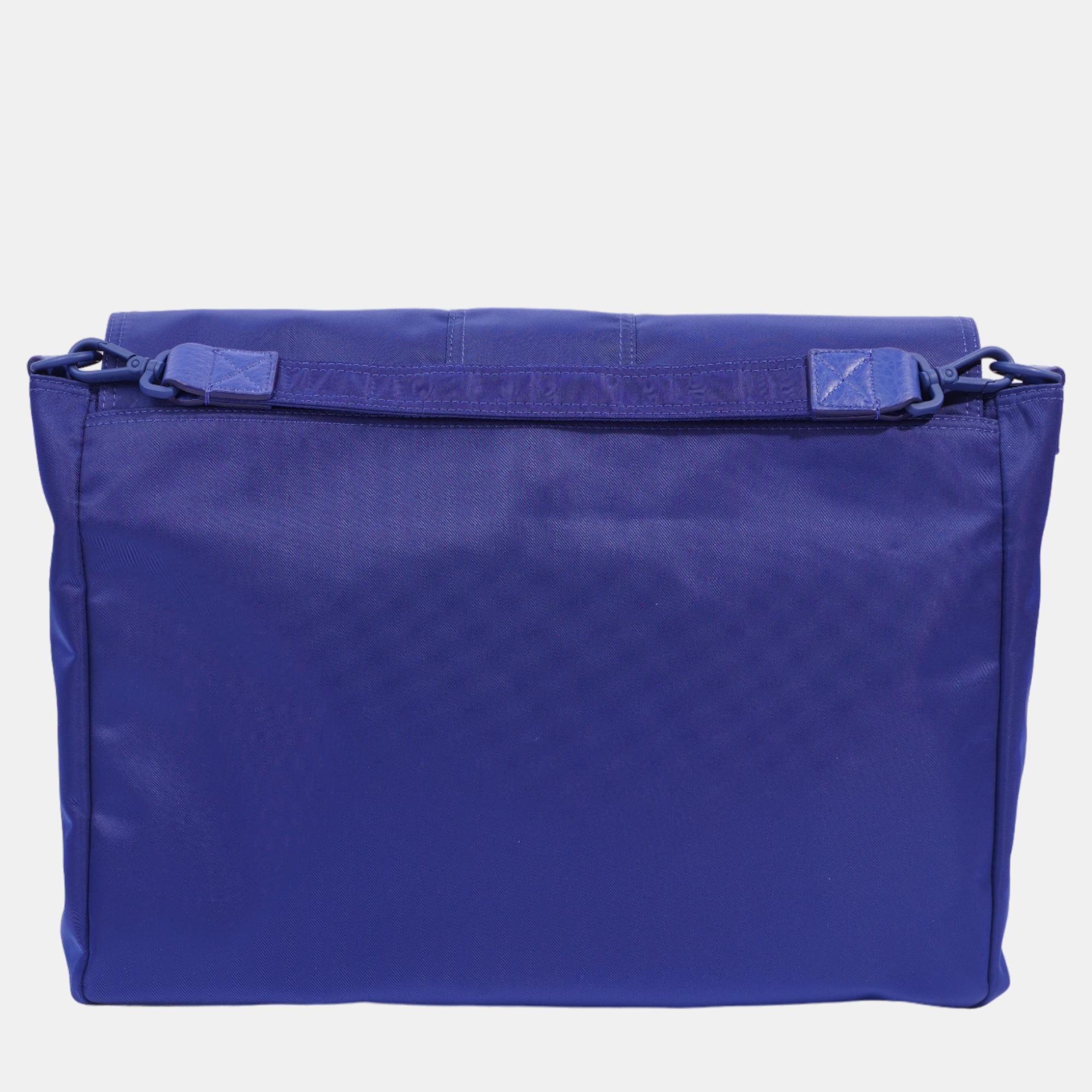 Fendi Baguette Messenger Bag Blue Nylon Large